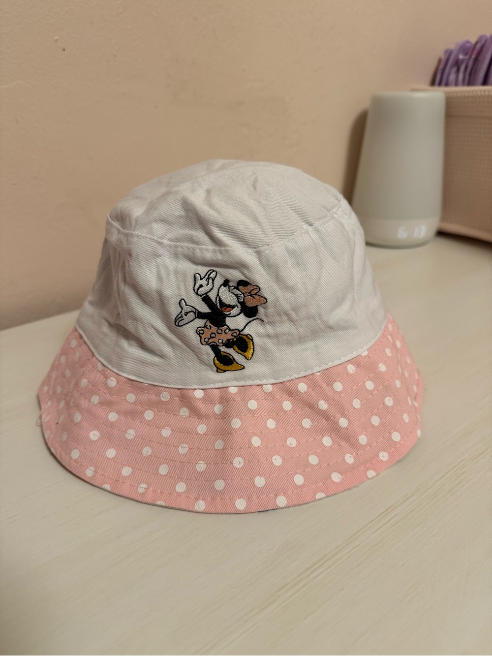 White and Pink Polka Dot Bucket Hat with Minnie Embroidery reversible